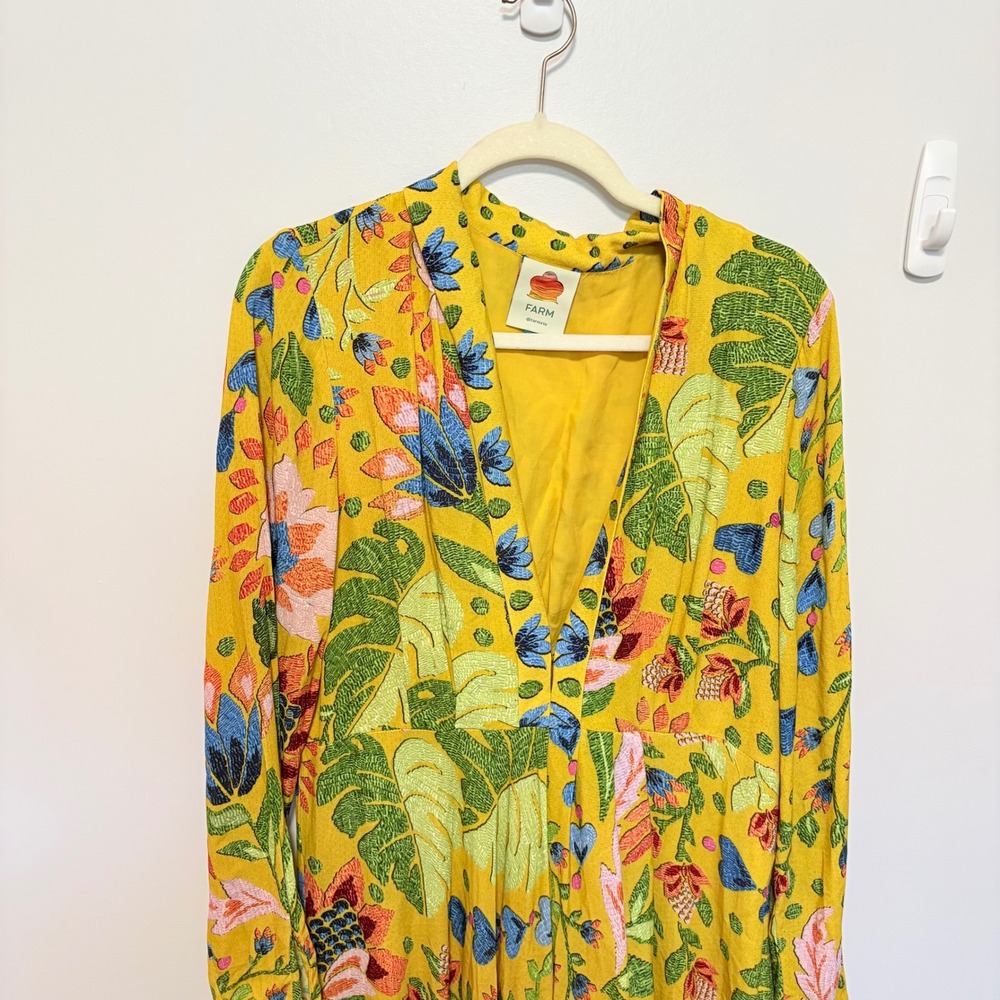 Farm Rio Tropical Floral V-NeMaxi Dress Womens Yellow Large V-Neck - Picture 3 of 12